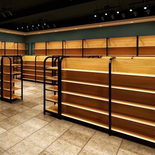货架展示架多层可调节化妆品陈列展柜四柱木纹超市货架产品展示柜
